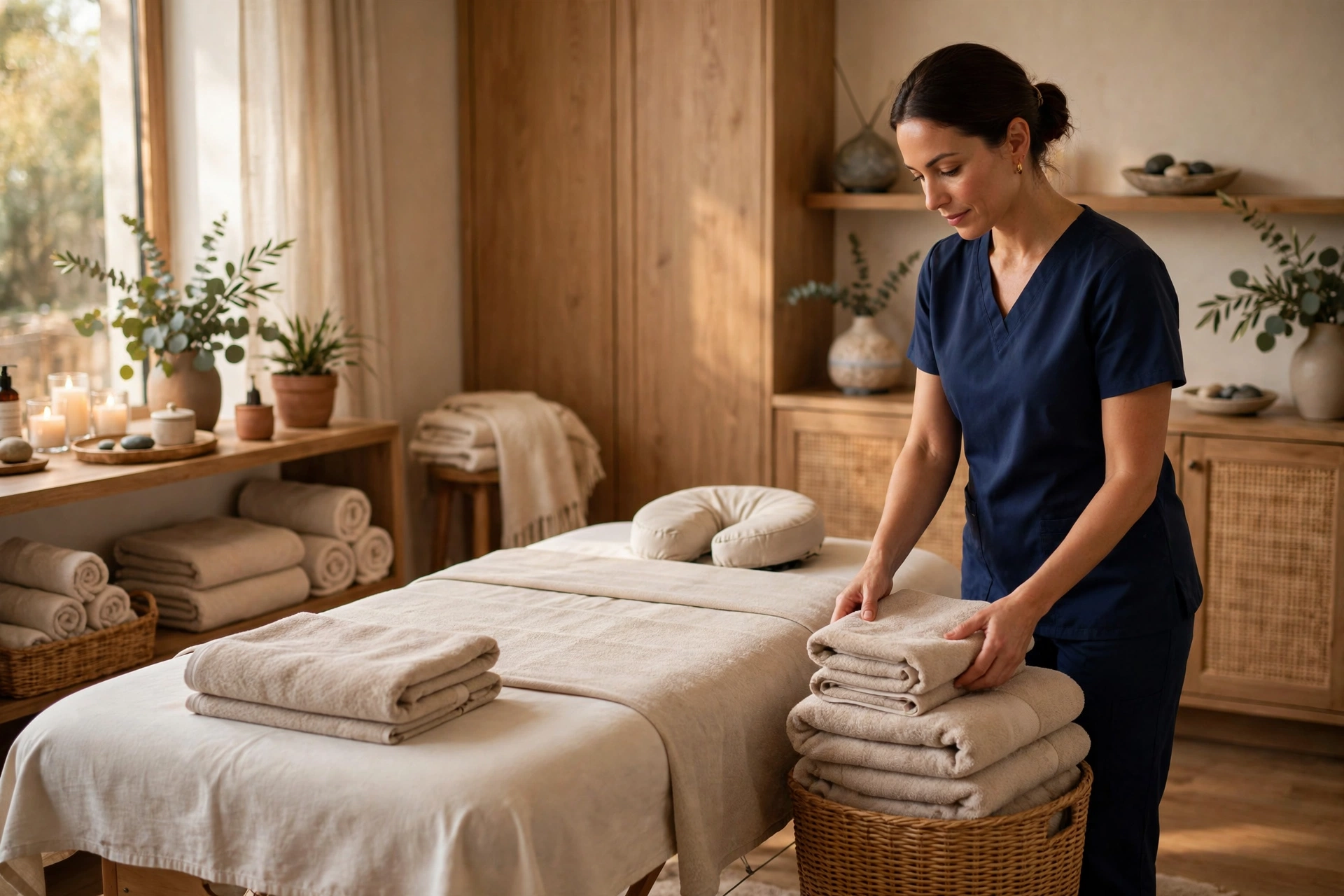 Professional massage therapist preparing a treatment room in San Antonio
